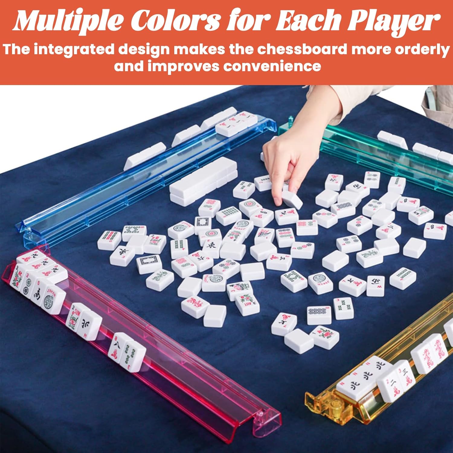 Mahjong All-in-One Tile Rack & Pusher, Clear Acrylic Mahjong Rack and Pusher Combo, Modern American Majiang Tile Racks Set of 4 (Multi-Color)